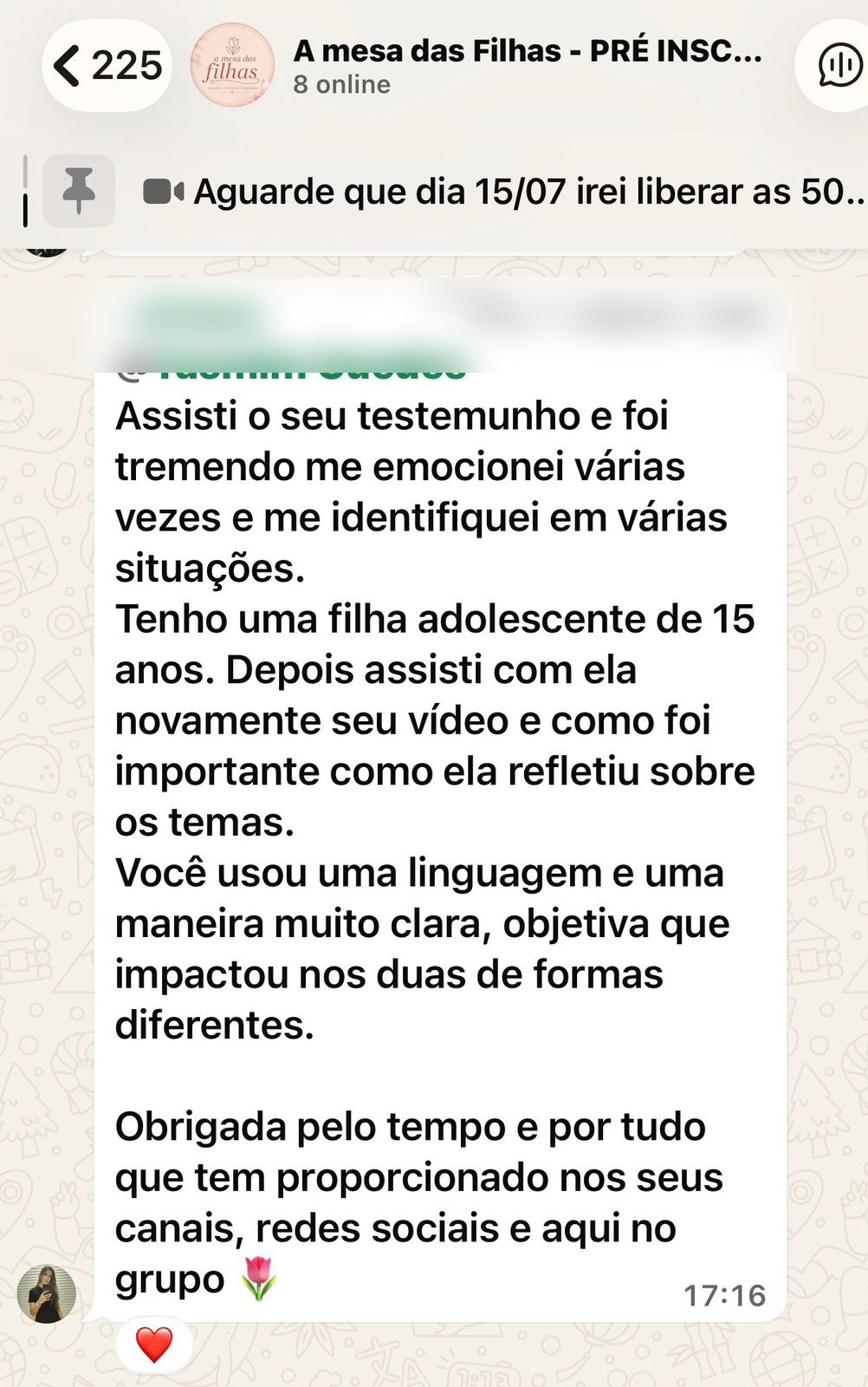 Depoimento de uma mulher da Mesa das Filhas